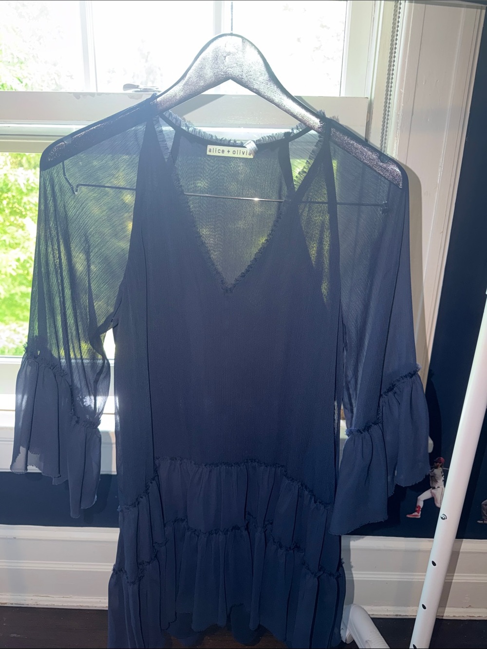 Alice + Olivia Navy Sheer Tiered Ruffle Dress